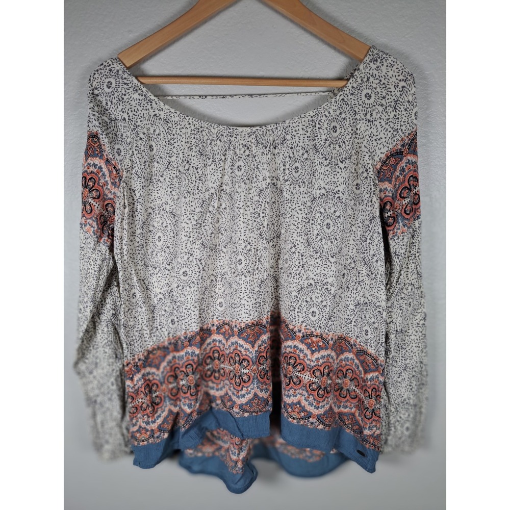 O'Neill Womens Blue Orange Boho Mandala Print Long Sleeve Tie Back Peasant Top